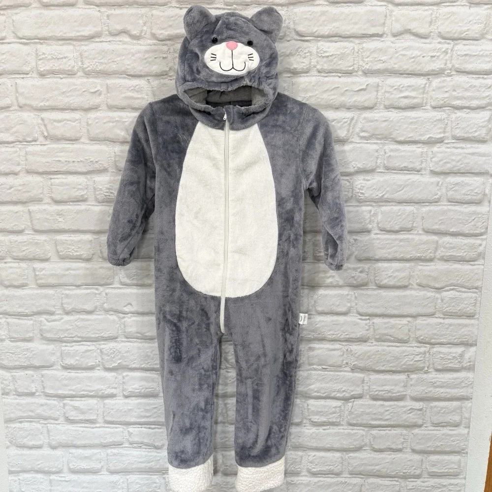 Kids Cat One-Piece Halloween Costume Size 4/7 Gray Warm Body Suit Fast Shipping!